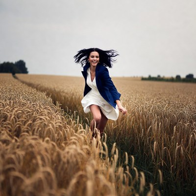 Woman running in wheat field