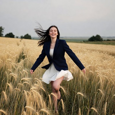 Woman running happily in wheat field