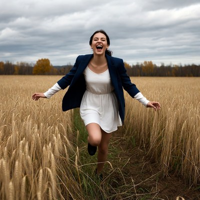 Woman running joyfully in wheat field