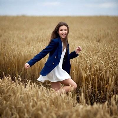 Girl jumping in wheat field