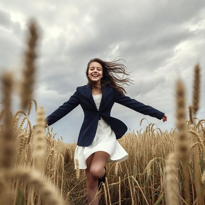 Young woman running in wheat field