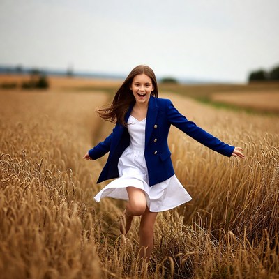 Girl running in wheat field