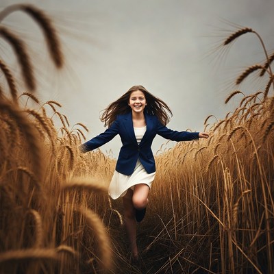 Girl running in wheat field