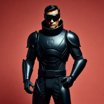 Man in black futuristic armor suit