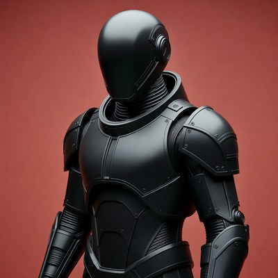 Black futuristic robot on red background