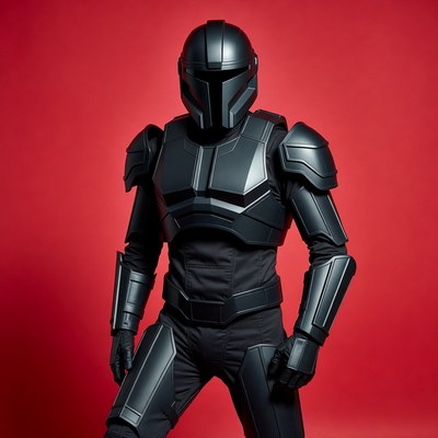Mandalorian in black armor on red background