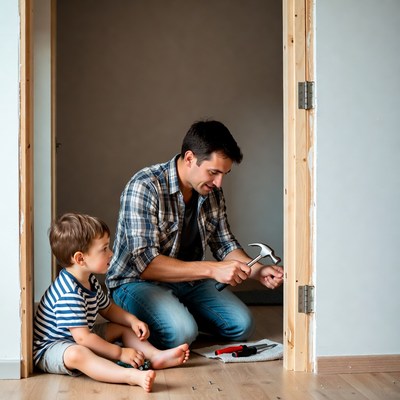 Father and son installing door hinge