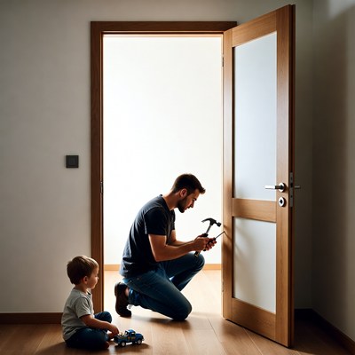 Father and toddler fixing door