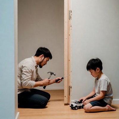 Father and son fixing door together