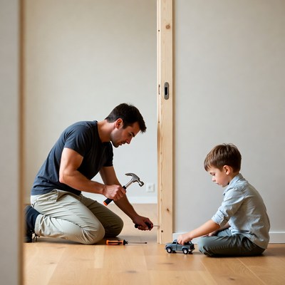 Father and son playing with toy tools