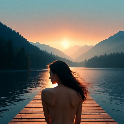 Nude Woman on Dock at Sunset Lake