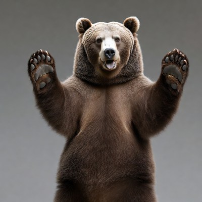 Grizzly bear raising paws smiling