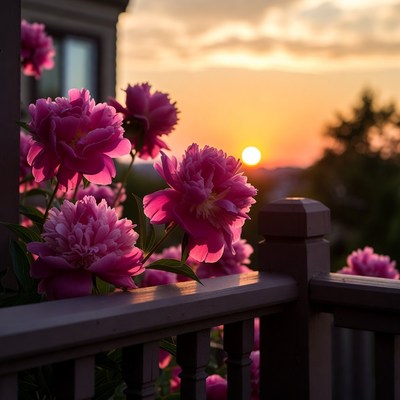Pink Peonies on Porch at Sunset