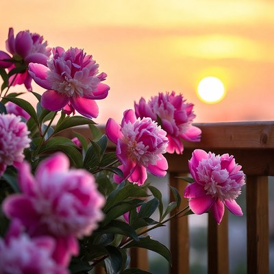 Pink Peonies with Sunset Background