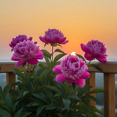 Pink peonies on balcony at sunset