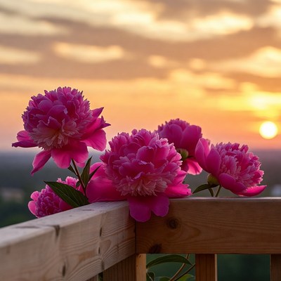 Pink Peonies on Deck at Sunset