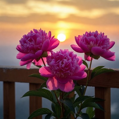 Pink Peonies with Sunset Background