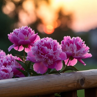 Pink peonies on wooden fence at sunset