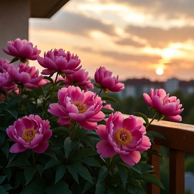 Pink peonies on balcony at sunset