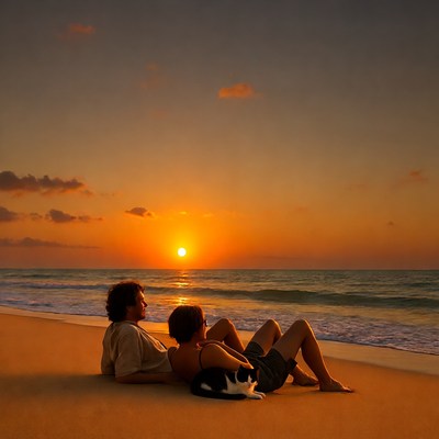 Couple with cat watching sunset beach