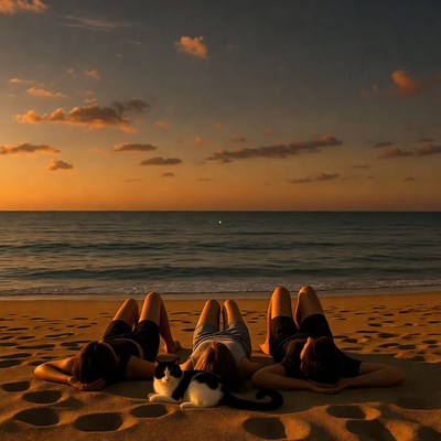 Three women and cat relaxing on beach