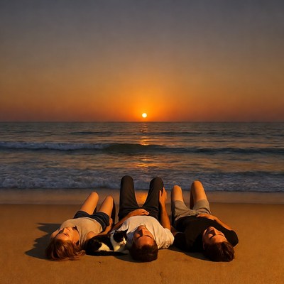 Family lying on beach at sunset with cat