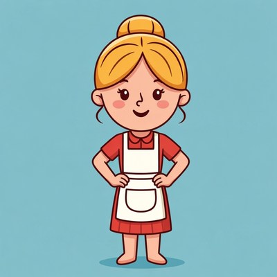 Cartoon woman in red dress and apron