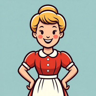 Cartoon woman in red dress and apron