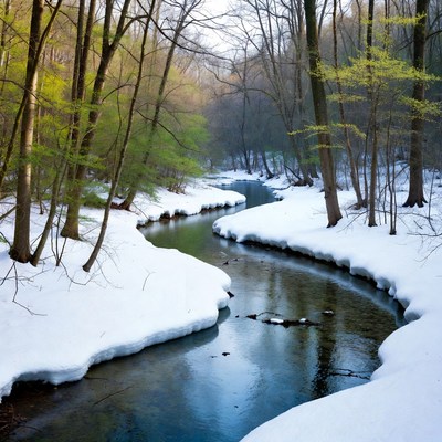 Snowy Creek in Spring Forest