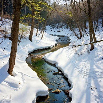 Snowy Stream in Forest