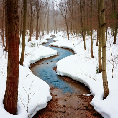 Snowy Forest Trail with Winding Stream