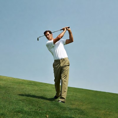 Man swinging golf club on hill