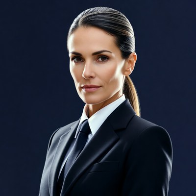 Woman in black suit and tie