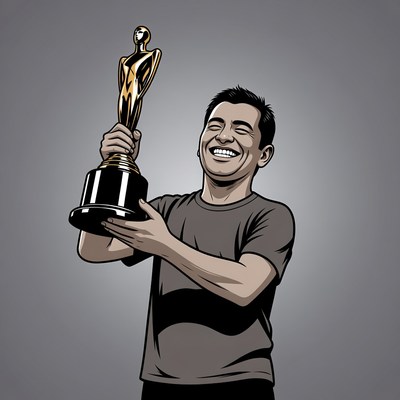 Asian man holding golden trophy