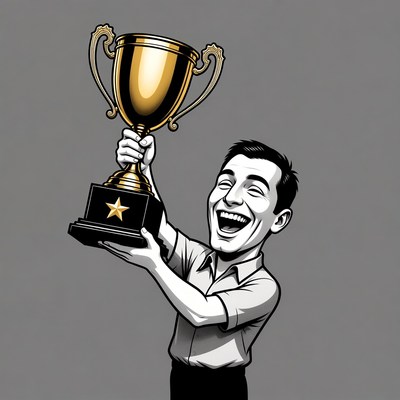 Cartoon man holding trophy