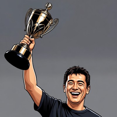 Asian man holding trophy