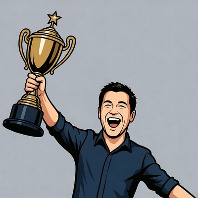 Asian man holding trophy illustration