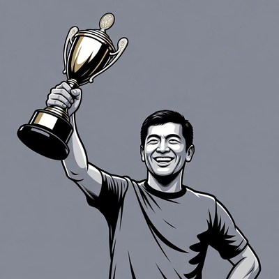 Asian man holding trophy