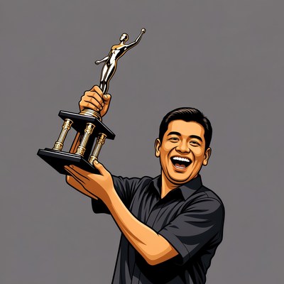 Asian man holding trophy illustration