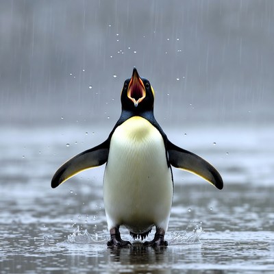 Penguin calling in rain