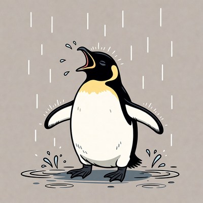 Cartoon penguin singing in rain