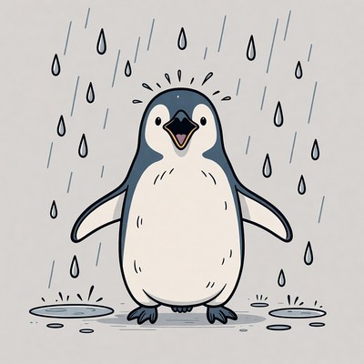 Cute penguin in rain