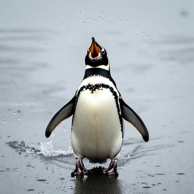 Gentoo penguin calling with water splashes