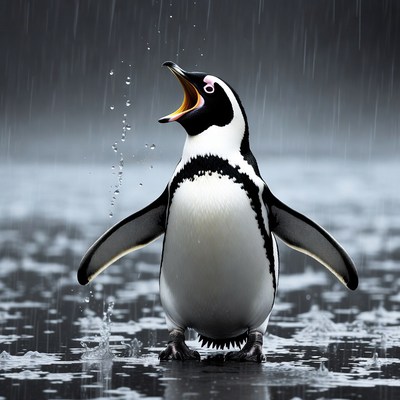 Penguin standing in rain