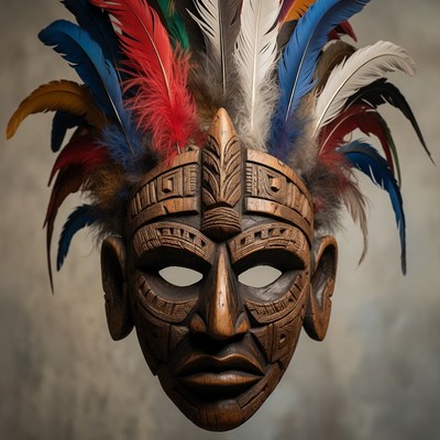 Carved Wooden Tribal Mask with Feathers
