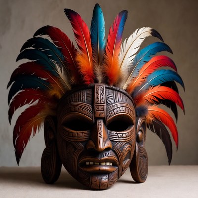 Carved Wooden Tribal Mask with Feathers