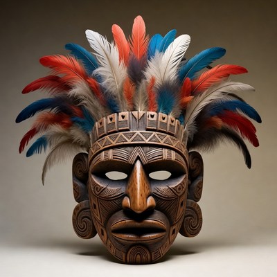 Carved Wooden Tribal Mask with Feathers