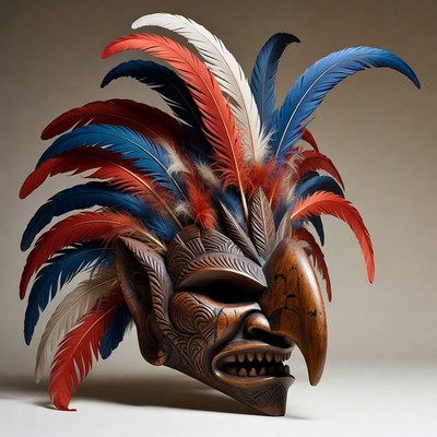 Carved Wooden Mask with Colorful Feathers