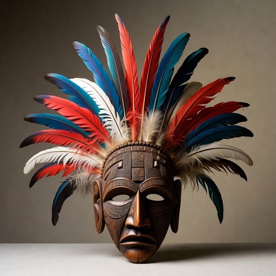 Wooden tribal mask with colorful feathers