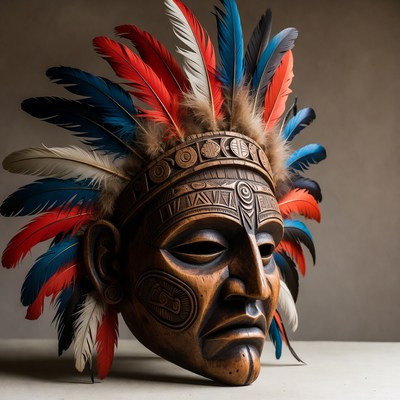 Wooden Native American Feather Headdress Mask